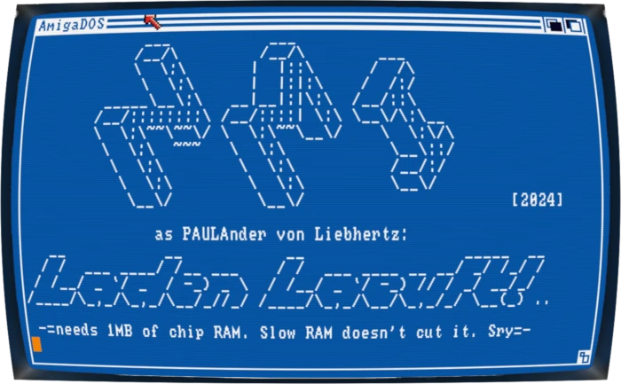 Amiga screenshot showing the loader with die-nmi! ASCII-Art (done using a tool called Fidget)